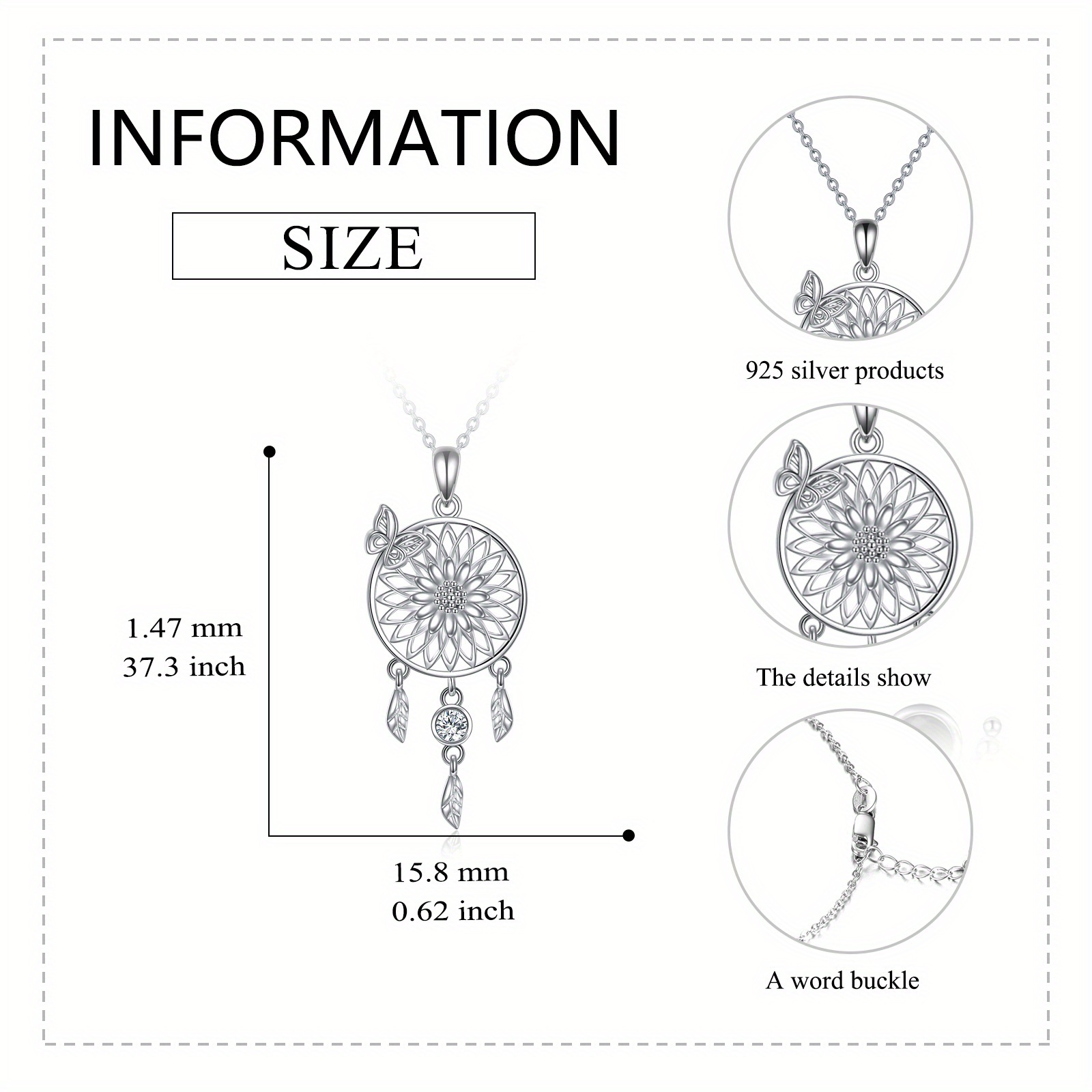 Dream Catcher Necklace, 925 Sterling Silver Sunflower Design
